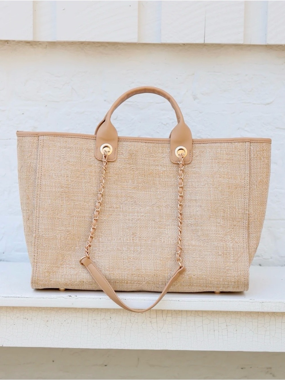 Caroline Hill Natural Straw Tote with Neutral Trim - Picture 2 of 6